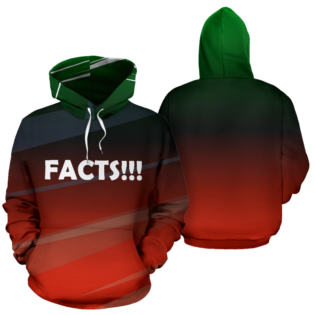 Facts!!! Text Design Hoodie showing both front and back views – Black-Owned premium polyester hoodie expressing truth, culture, and pride with bold style