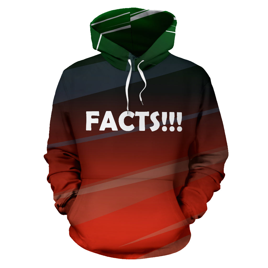 Facts!!! Text Design Hoodie front view – Black-Owned premium polyester hoodie designed for comfort and bold cultural expression