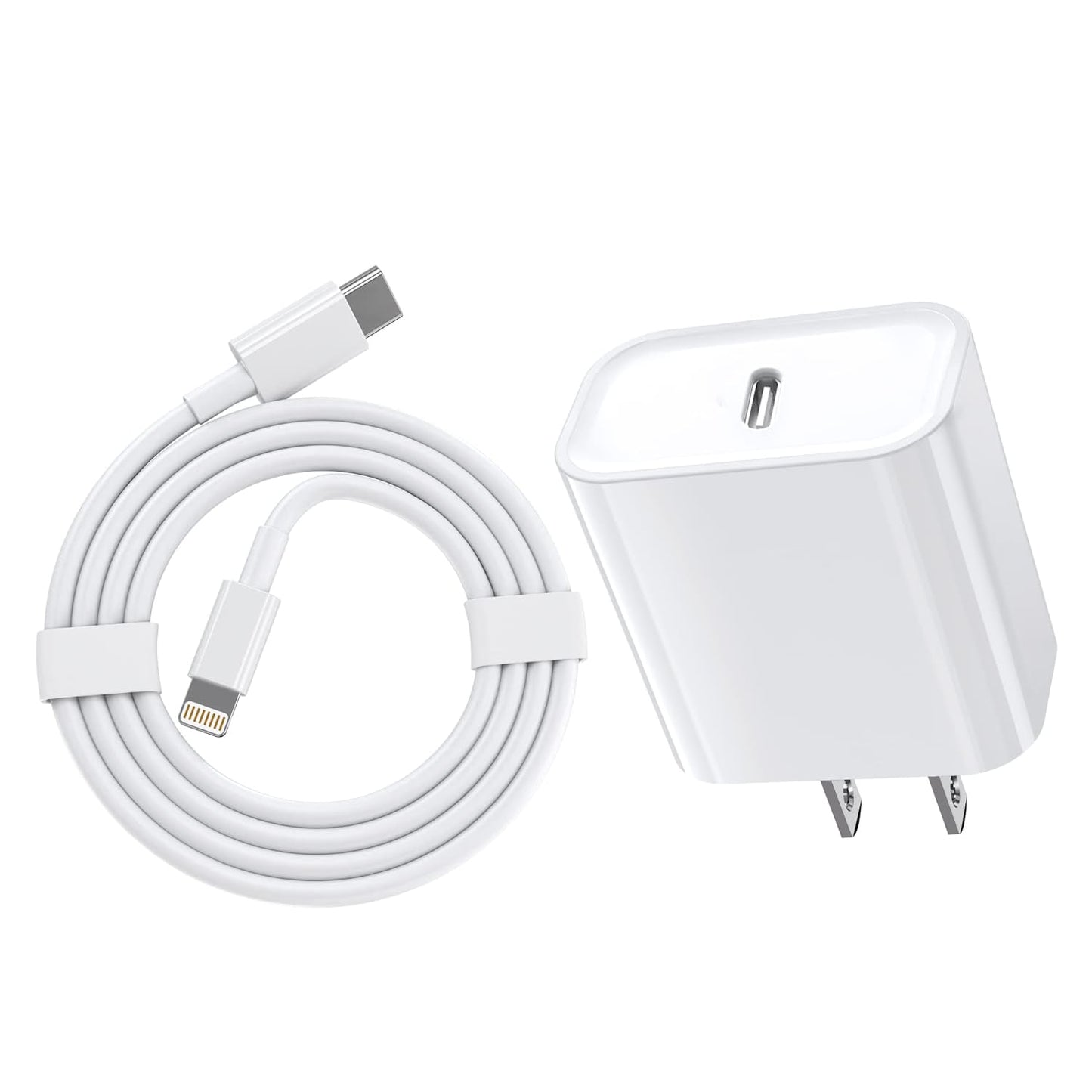 An Apple iPhone fast wall charger with a white color scheme, including a Lightning cable.