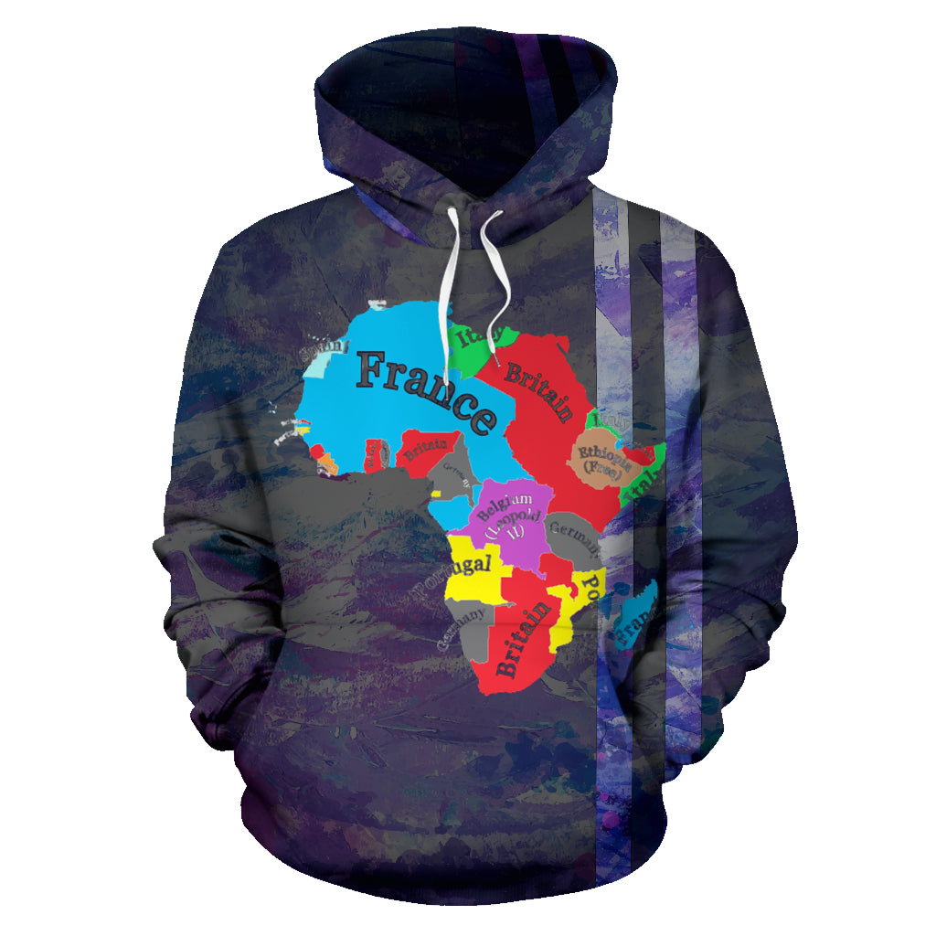 A hoodie with a map of France and Britain in various colors and their names in different languages printed on the front.