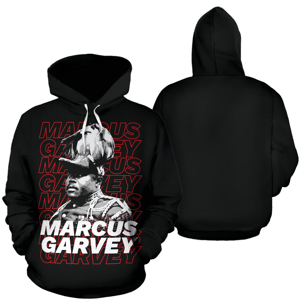 A black hoodie with a graphic print of Marcus Garvey in the center, surrounded by text that reads 'MARCUS GARVEY' in red and white.