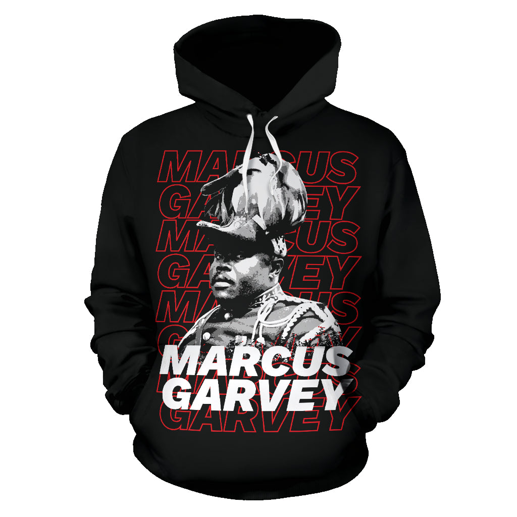 Front view of the Garvey Hoodie from a Black-Owned apparel brand, featuring bold Marcus Garvey-inspired design on premium polyester fabric