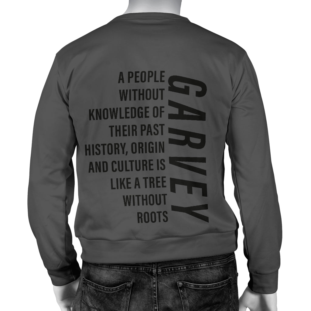 Back view of the Garvey Quote Sweater on a mannequin, showing bold Black-Owned style and woven polyester design.