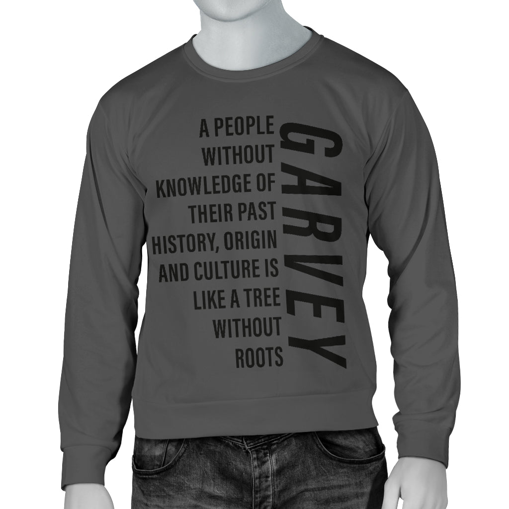 Front view of Garvey Quote Text Design Sweater displayed on mannequin, representing Black-Owned cultural pride and premium comfort.