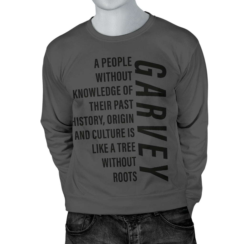 Mannequin wearing Garvey Quote Text Sweater with both hands behind back, highlighting the back design and confident stance.