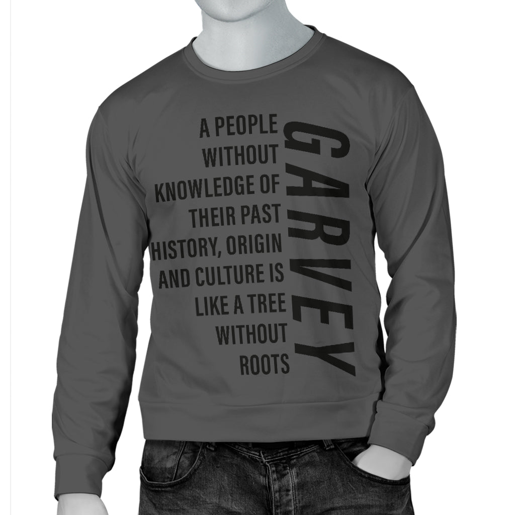 Garvey Quote Sweater on mannequin with one hand in pocket, styled for a confident Black-Owned fashion look.