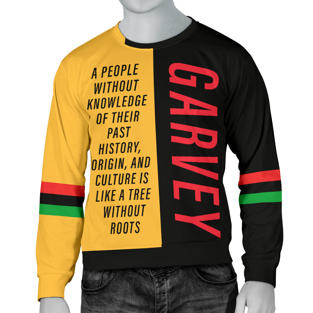 A mannequin wearing a yellow and black sweater with text and a colorful stripe design.garvey-yellow-sweater-front-mannequin