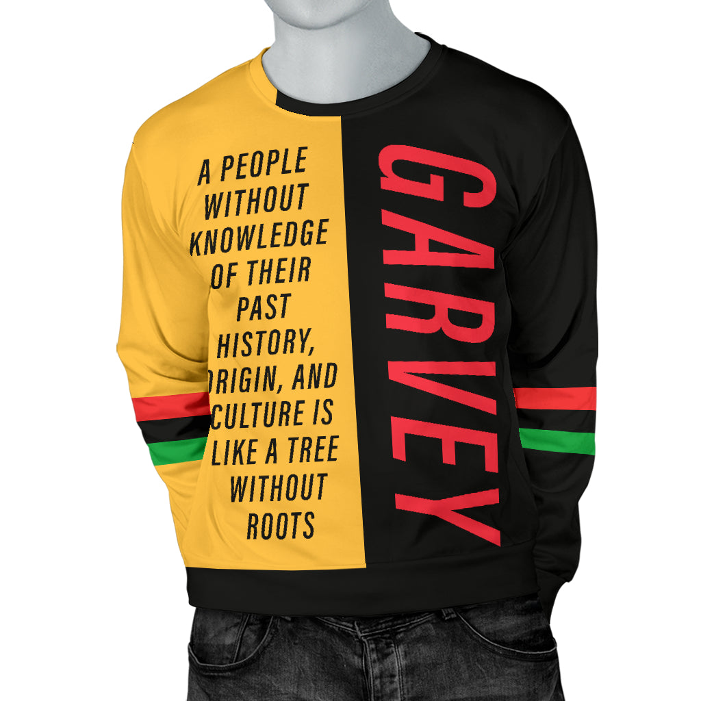 Garvey Yellow Sweater on a mannequin with both hands in the back pockets, showing a cool and laid-back vibe while keeping the premium quality and cultural touch.