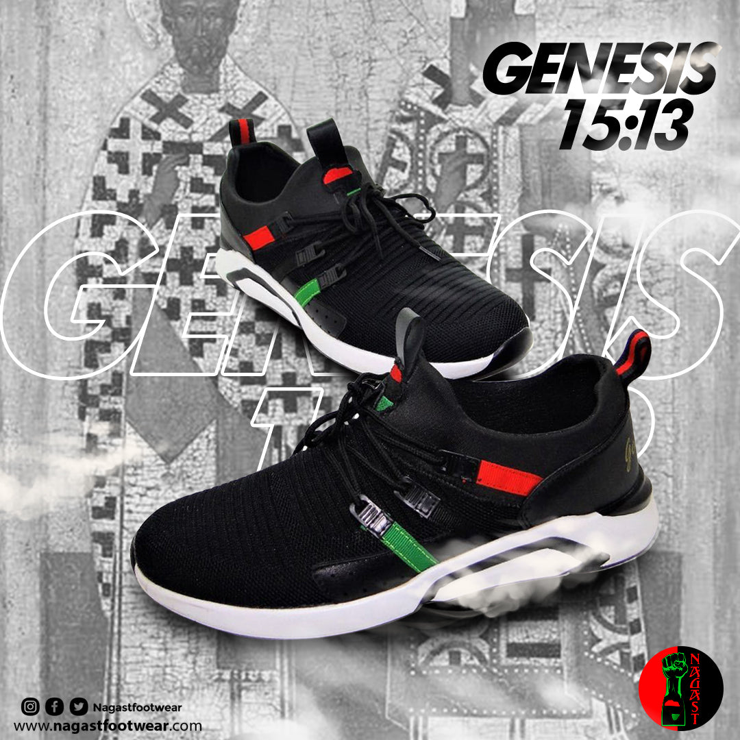 Genesis 15:13 Sneakers by Nagast Footwear featured in a lifestyle graphic with scripture-inspired design elements.