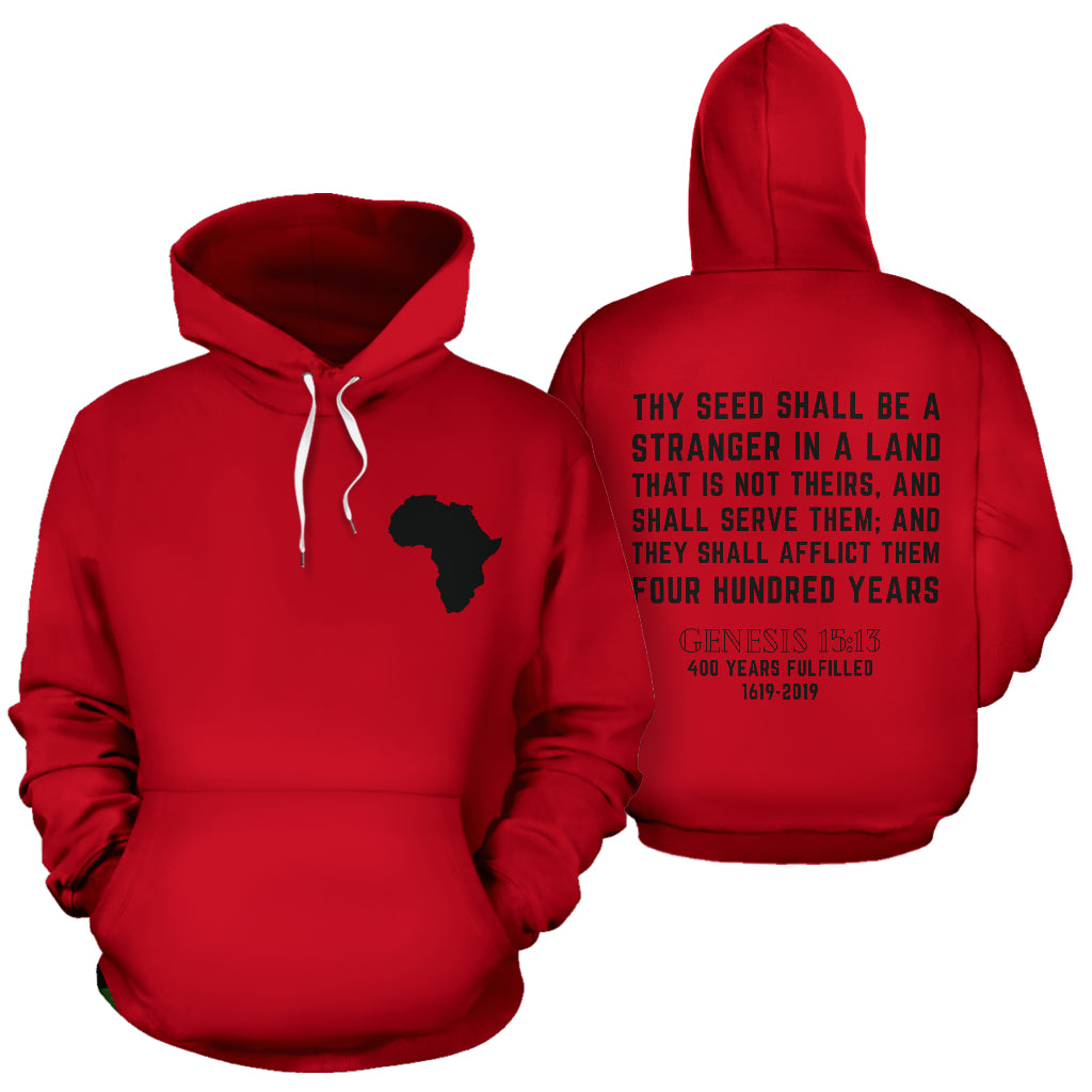 A red hoodie with a graphic of an African continent and a quote printed on the front.