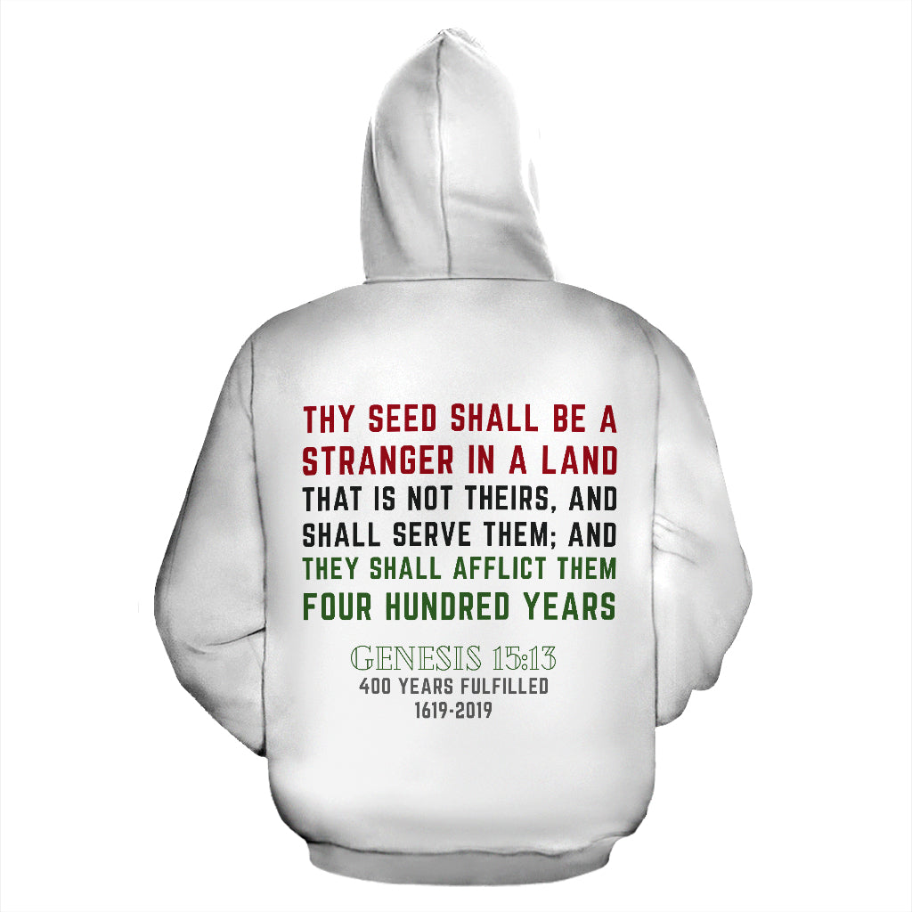 Genesis 15:13 White Hoodie back view – Black-Owned premium hoodie with a clean white design, representing faith and cultural pride in everyday wear