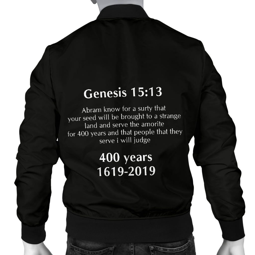 Genesis mens black jacket with text on the back, featuring a ribbed collar and cuffs.