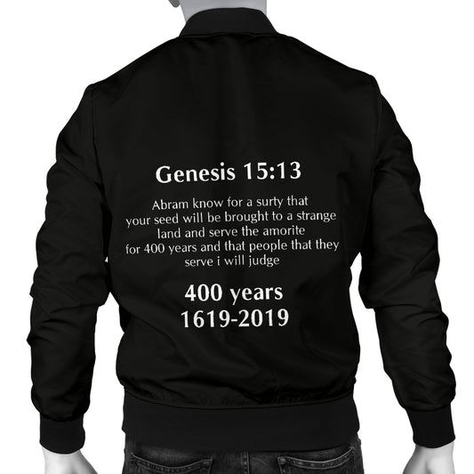 Genesis mens black jacket with text on the back, featuring a ribbed collar and cuffs.