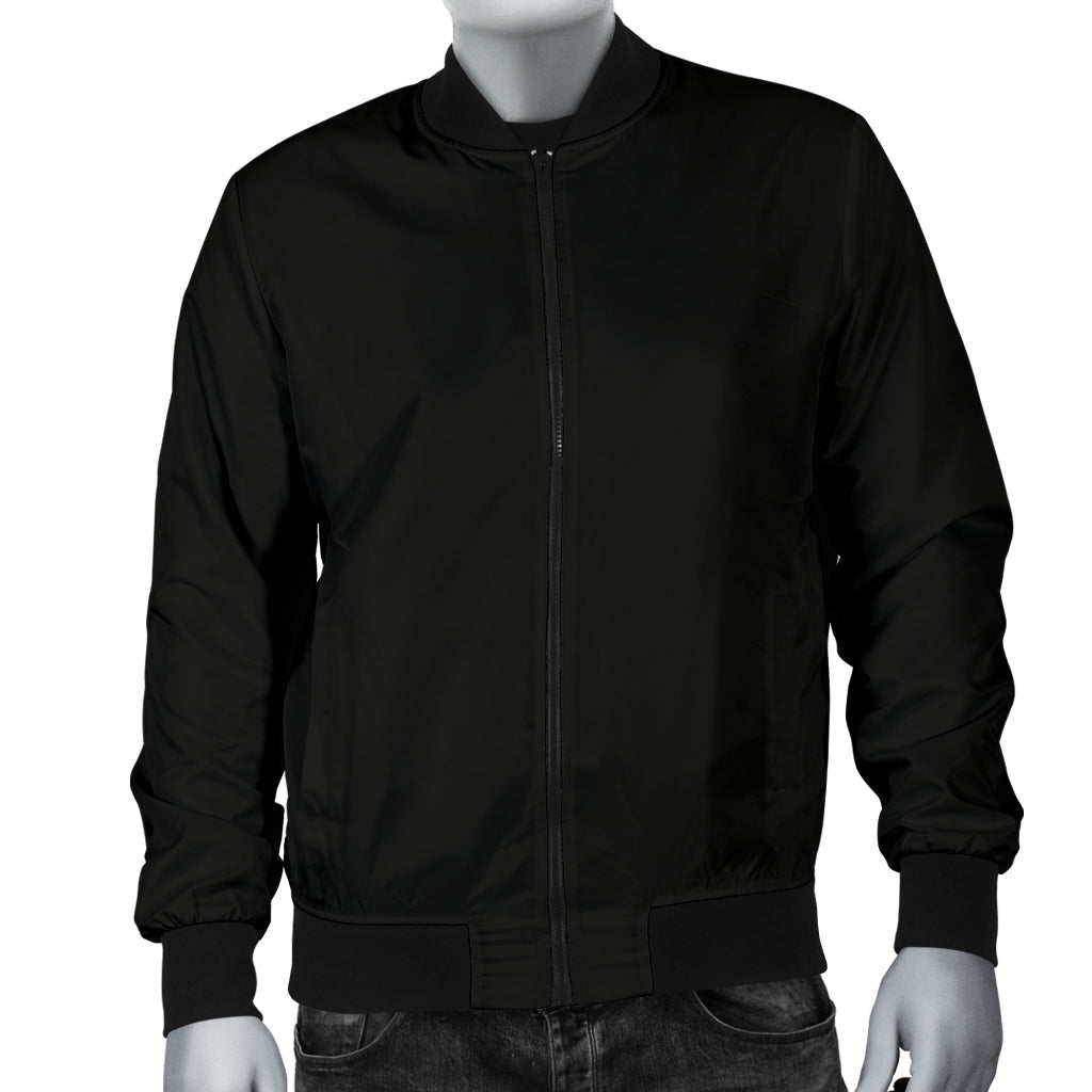 Front view of the Genesis Black Men's Jacket by a Black-Owned brand, featuring a clean black design with matching black collar, cuffs, and hem.