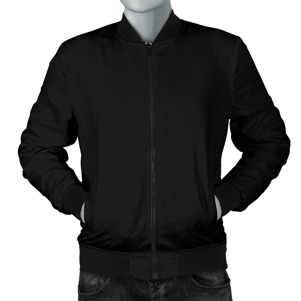 Front view of the Genesis Black Men's Jacket by a Black-Owned brand, featuring a clean black design with matching black collar, cuffs, and hem.