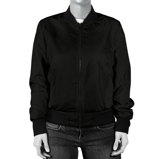 Front view of the Genesis Black Women's Bomber Jacket by a Black-Owned brand, featuring a sleek black design with matching black collar, cuffs, and hem.