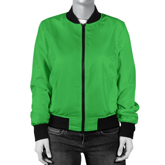 Front view of the Genesis Women's Green Bomber Jacket by a Black-Owned brand, featuring a solid green design with black collar, cuffs, and hem.