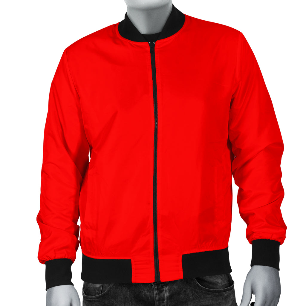 Front view of the Genesis Red Men's Bomber Jacket by a Black-Owned brand, featuring a vibrant red design with black collar, cuffs, and hem.