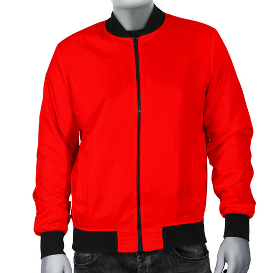Front view of the Genesis Red Men's Bomber Jacket by a Black-Owned brand, featuring a vibrant red design with black collar, cuffs, and hem.