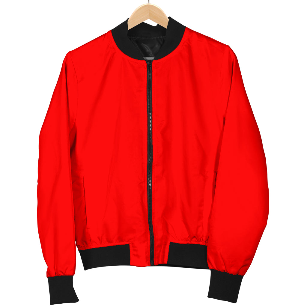 Genesis Red Men's Bomber Jacket displayed on a wooden hanger, showing both front and back designs.