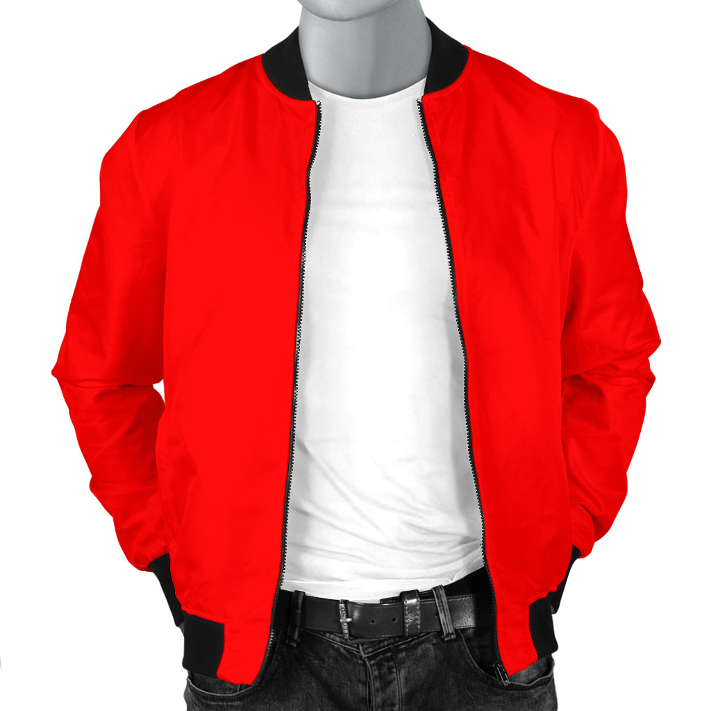 Genesis Red Men's Bomber Jacket worn open over a casual shirt, representing streetwear style from a Black-Owned brand.