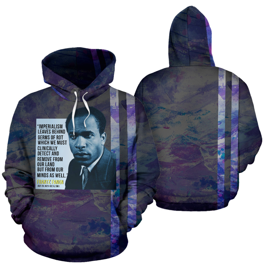 Imperialism Leaves Behind Hoodie showing both front and back views – Black-Owned premium polyester blend hoodie inspired by Frantz Fanon, expressing anti-imperialist message