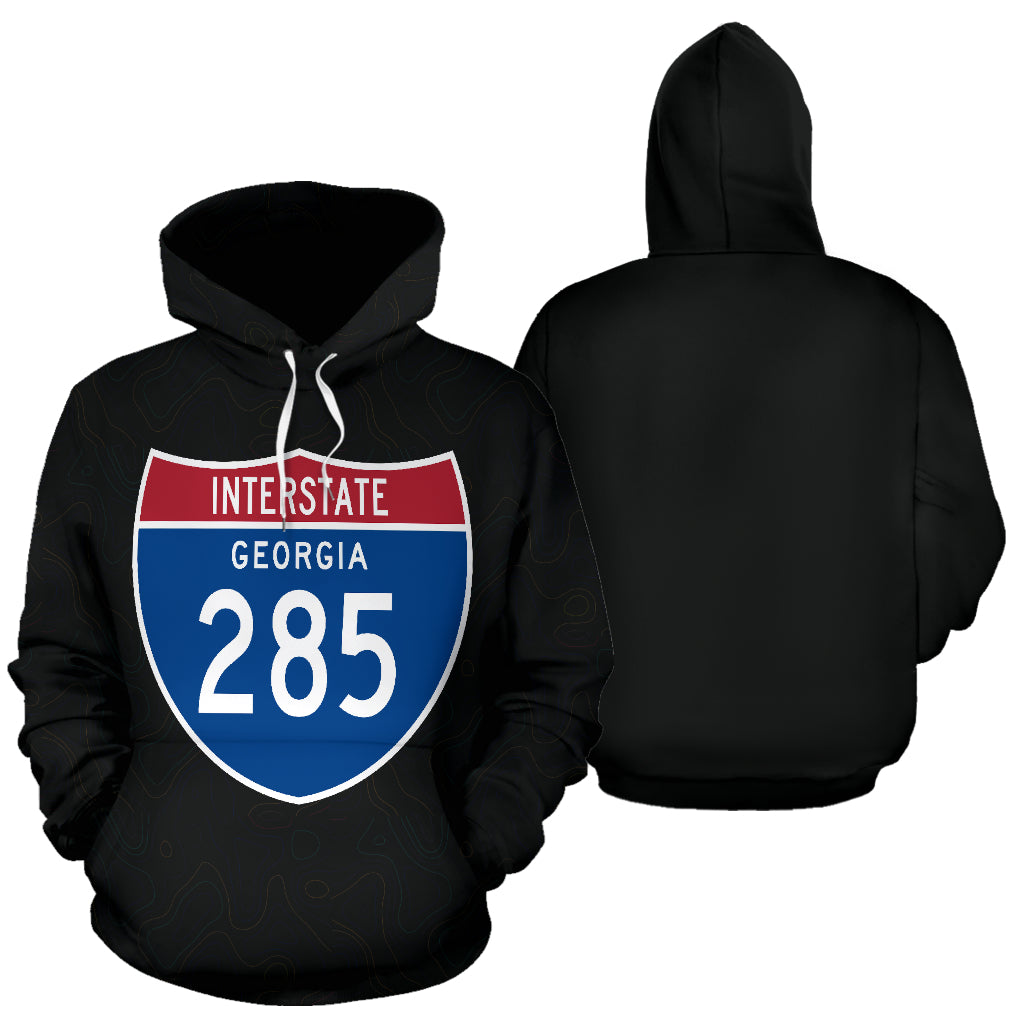 Interstate Georgia 285 Design Hoodie showing both front and back views – Black-Owned premium polyester hoodie blending comfort, style, and bold Georgia highway pride