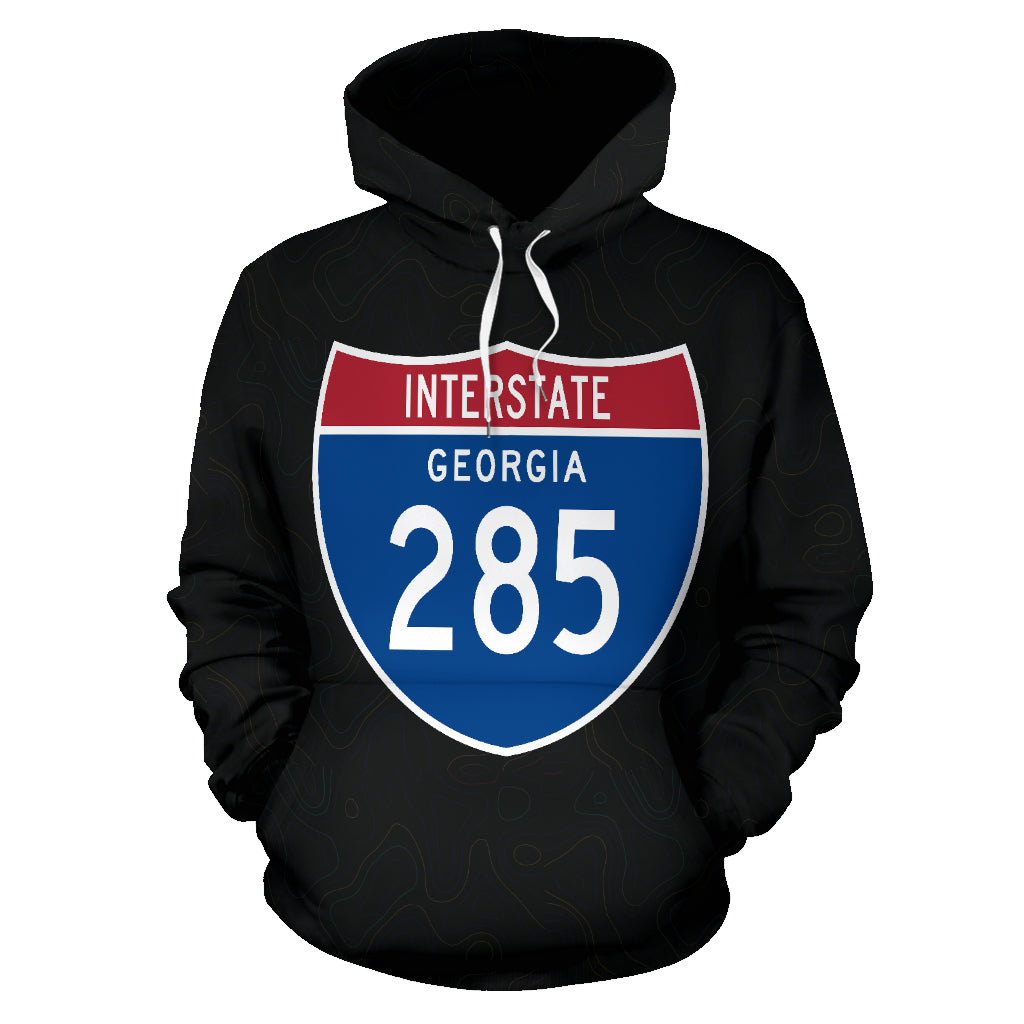 A black hoodie with 'Interstate Georgia 285' text and a blue and red interstate map marker design.