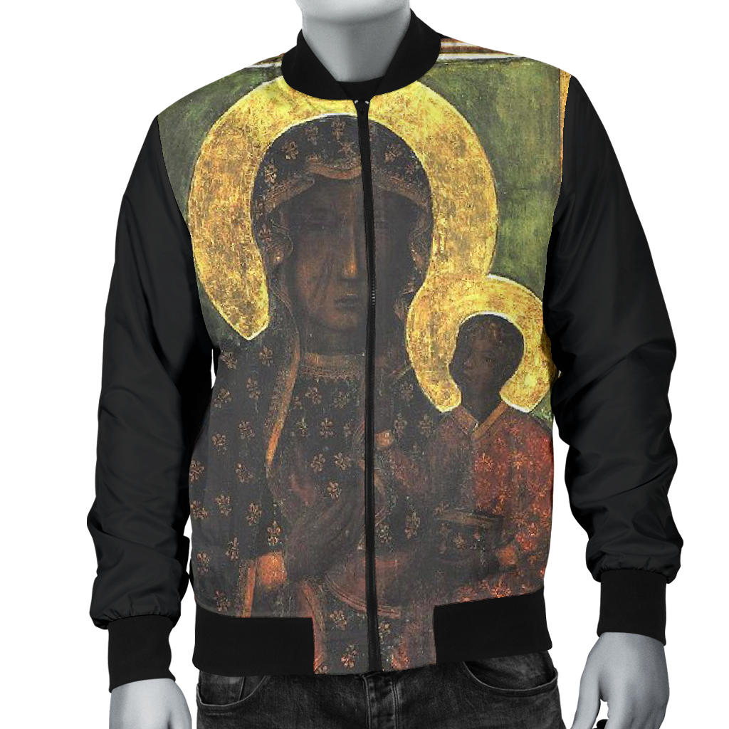 Madonna and Child Design bomber jacket in styled mannequin pose – Black-Owned premium bomber jacket from Nagast Footwear, celebrating art, culture, and bold fashion.