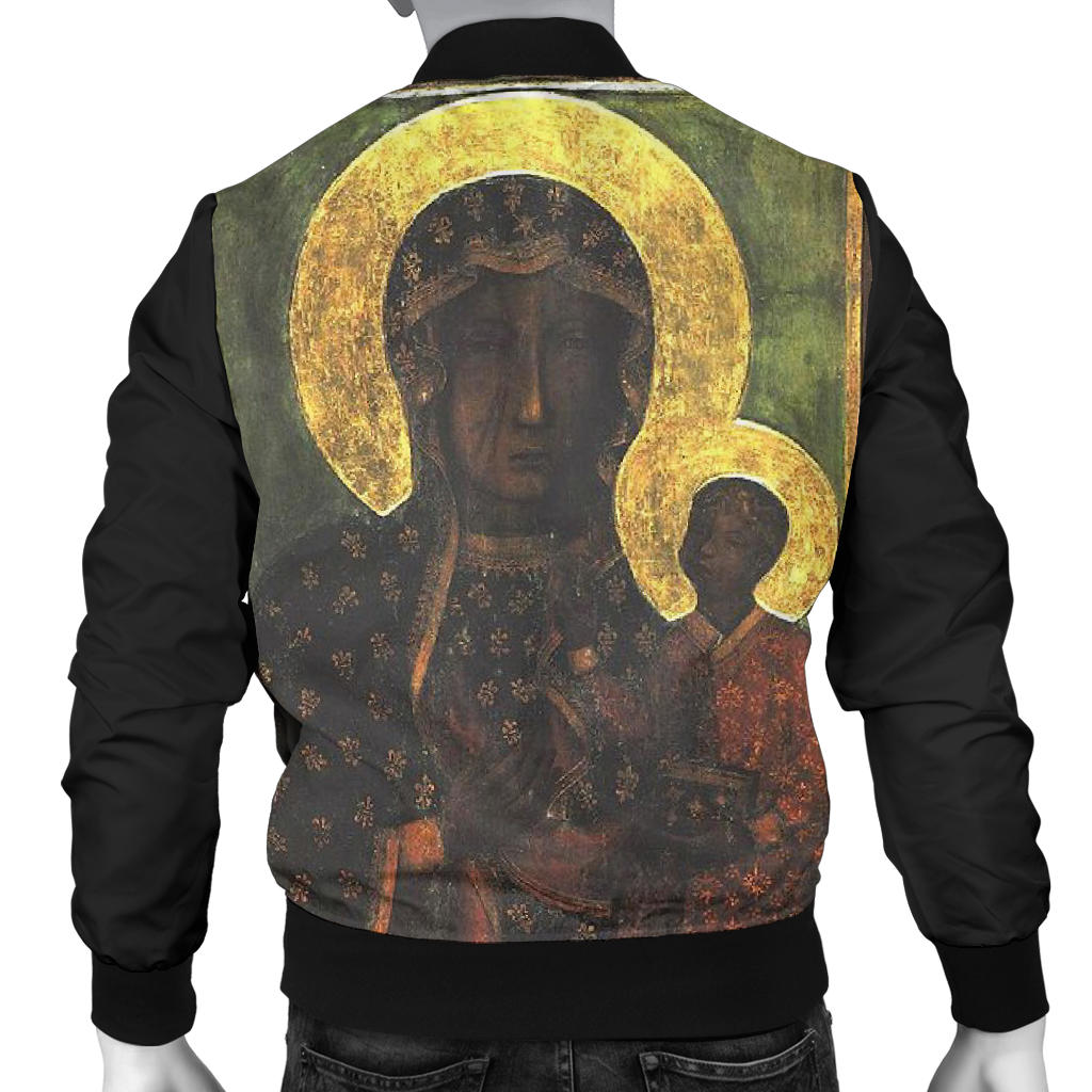 Back view of mannequin wearing Madonna and Child Design Bomber Jacket, featuring full artwork and bold cultural design.