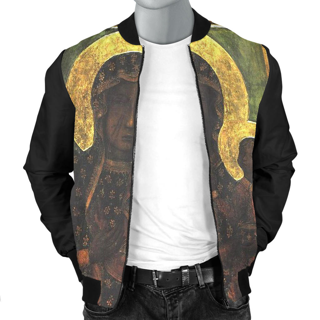 Front-open view of mannequin wearing Madonna and Child Design Bomber Jacket, revealing inner lining and premium craftsmanship.