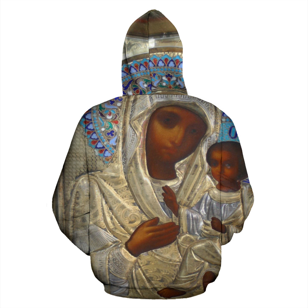 Back view of Madonna’s Design Hoodie featuring detailed Madonna artwork, handcrafted by Black-owned brand Nagast Footwear.