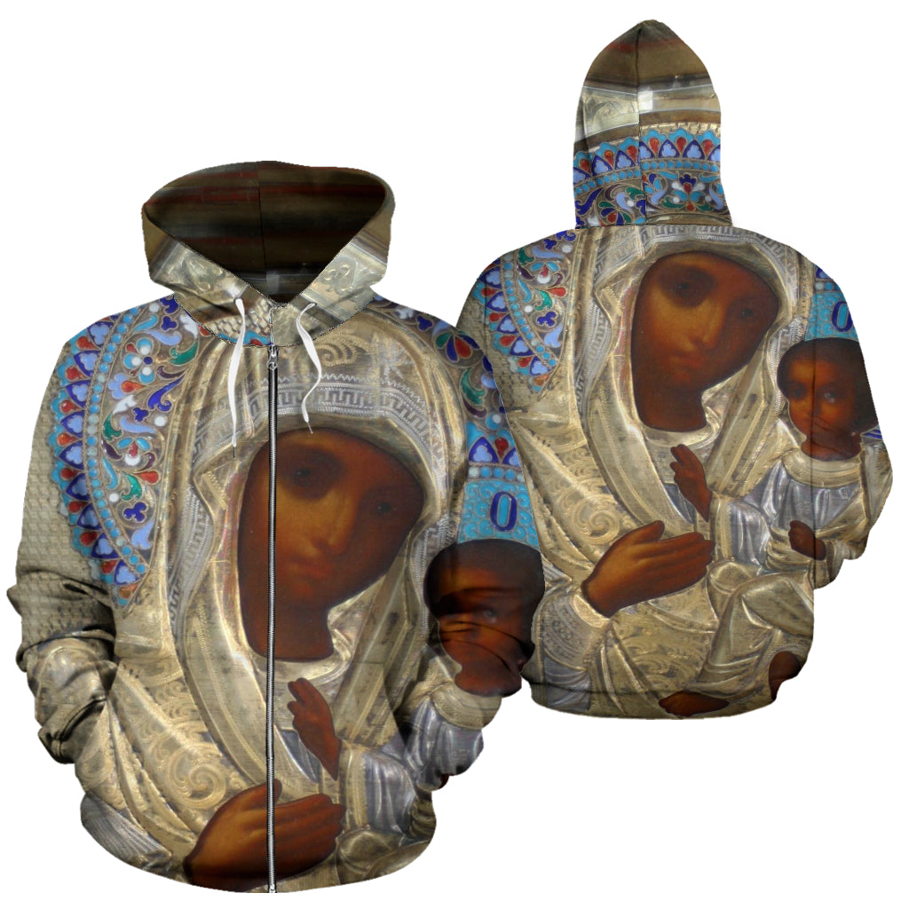 Side-by-side front and back views of Madonna’s Design Hoodie, highlighting bold cultural design from Black-owned brand Nagast Footwear.