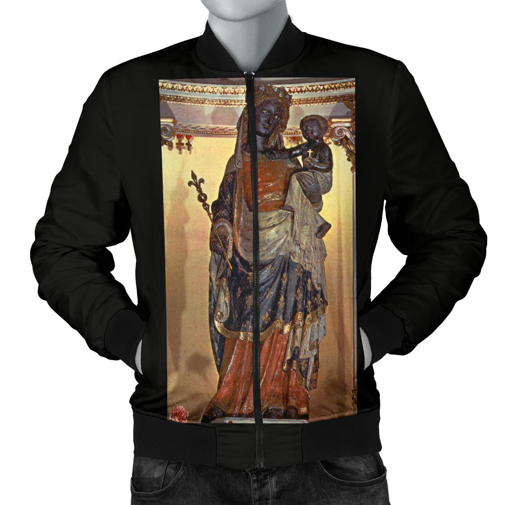 A black bomber madonna-style jacket with a high-definition print of the Madonna and child on the back.