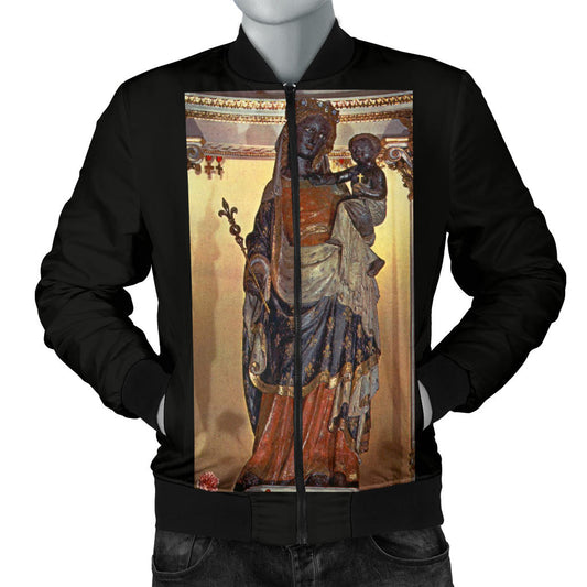 A black bomber madonna-style jacket with a high-definition print of the Madonna and child on the back.