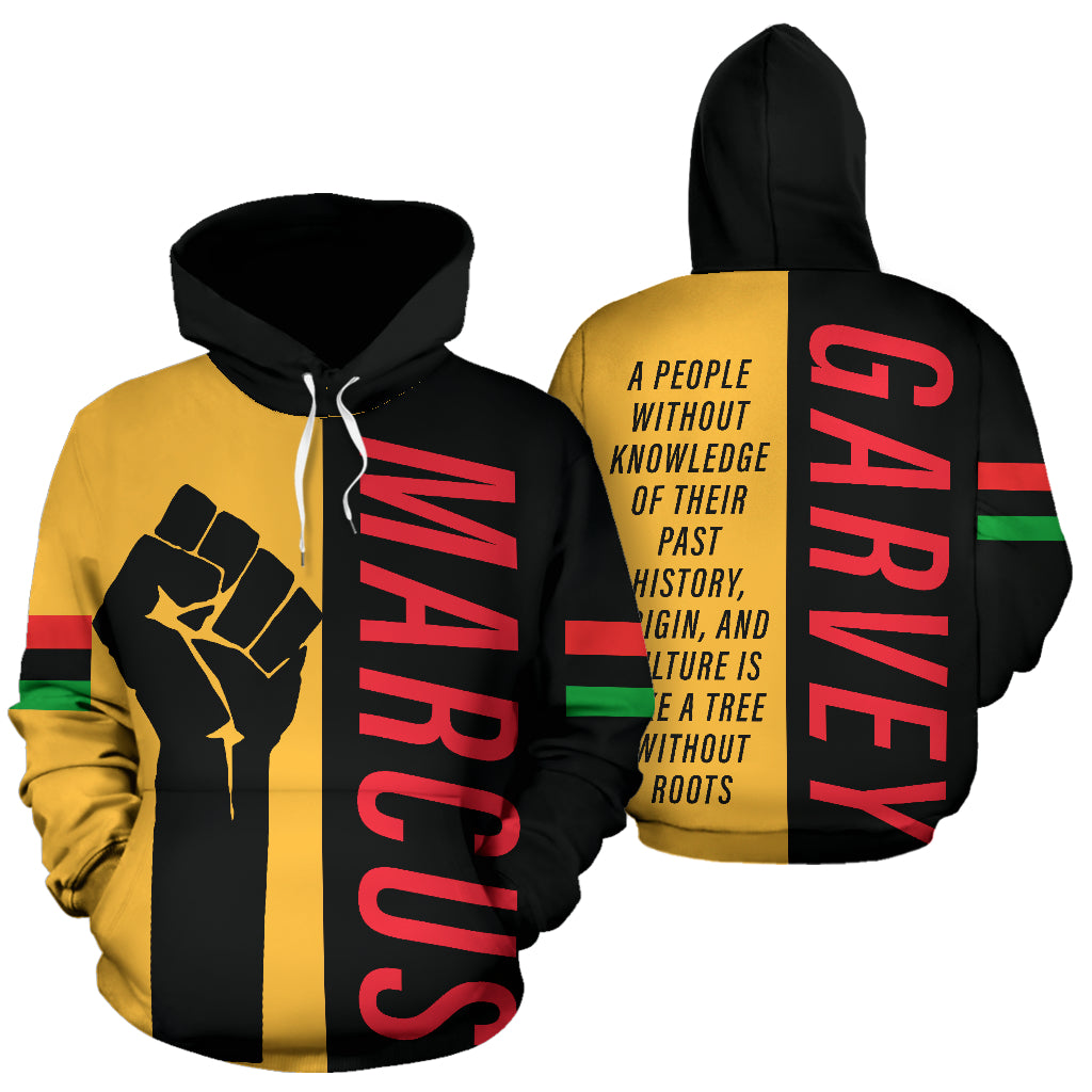 A custom-printed hoodie with a design featuring Marcus Garvey's name and a fist graphic, primarily in yellow, black, and red colors.
