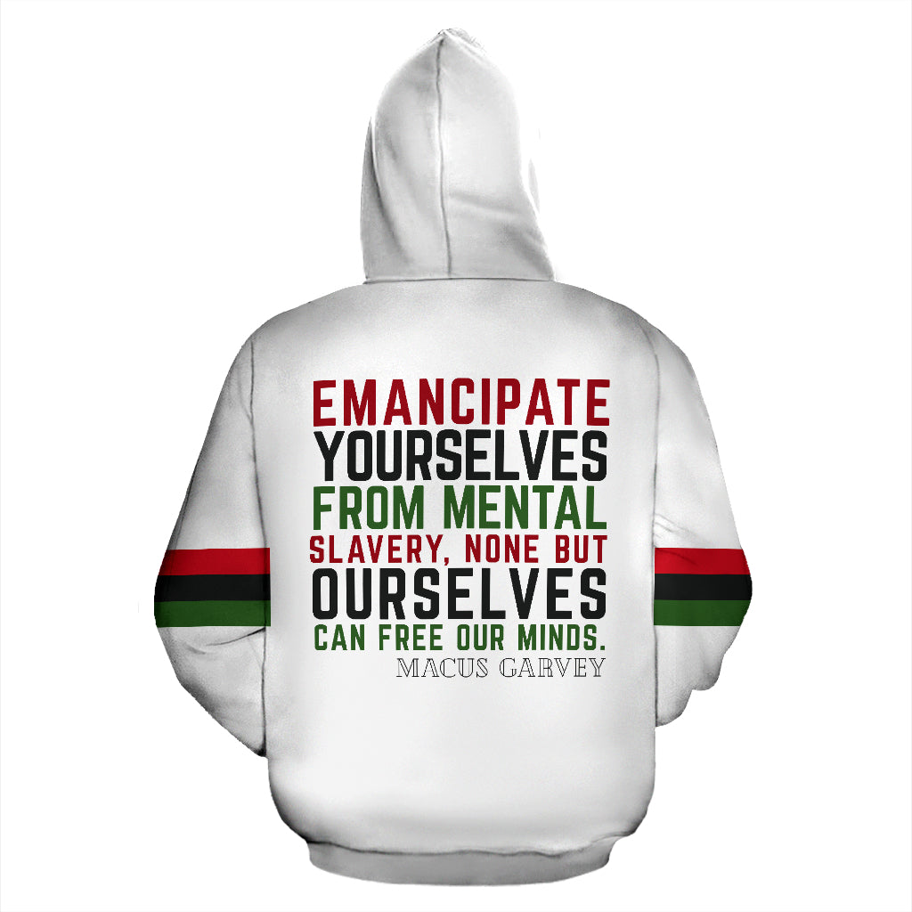 Back view of the Marcus Garvey "Emancipate Yourself" White Hoodie – clean design with a focus on quality craftsmanship. A statement piece representing freedom and self-determination, from a Black-Owned brand.
