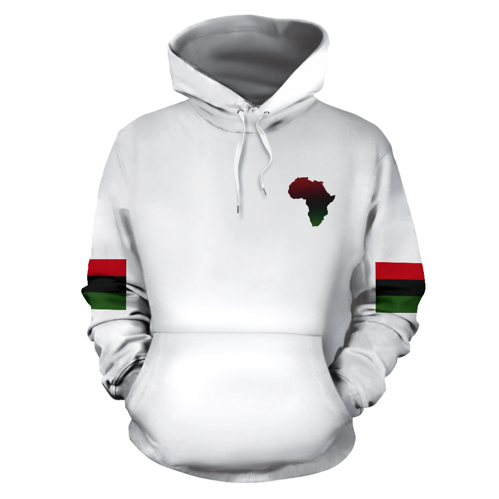 Front view of the Marcus Garvey "Emancipate Yourself" White Hoodie – featuring bold typography and cultural symbolism. Made from premium polyester by a Black-Owned brand for comfort and empowerment.