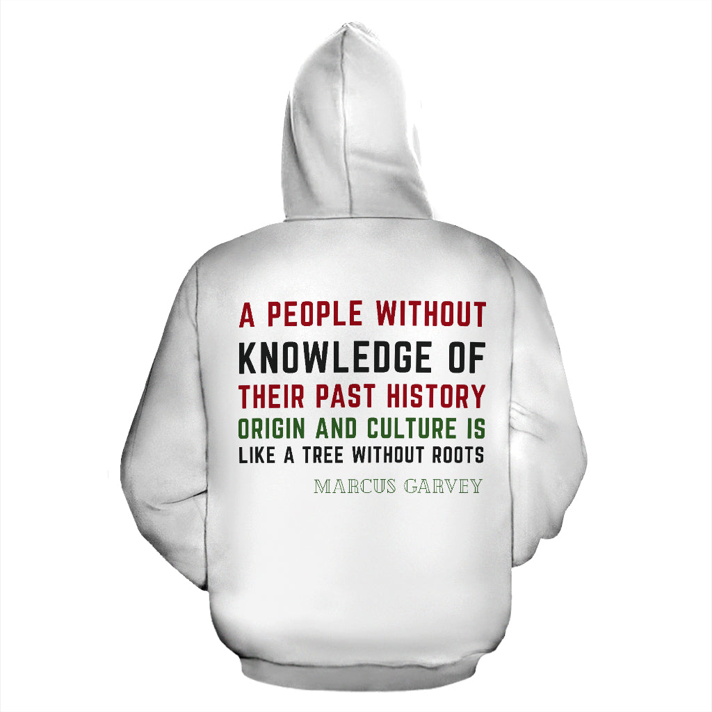 Back view of the Marcus Garvey Knowledge Design White Hoodie showing clean white design and comfortable polyester fabric, ideal for everyday wear.