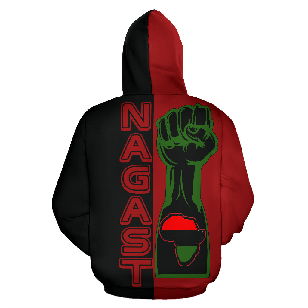Back view of the NAGAST Hoodie, highlighting cultural design elements from a Black-owned apparel brand.