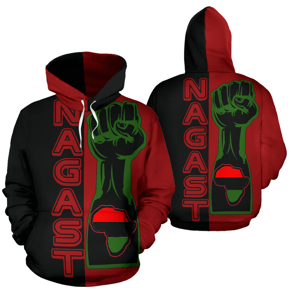 Side-by-side front and back views of the NAGAST Hoodie, representing heritage and quality craftsmanship from a Black-owned brand.