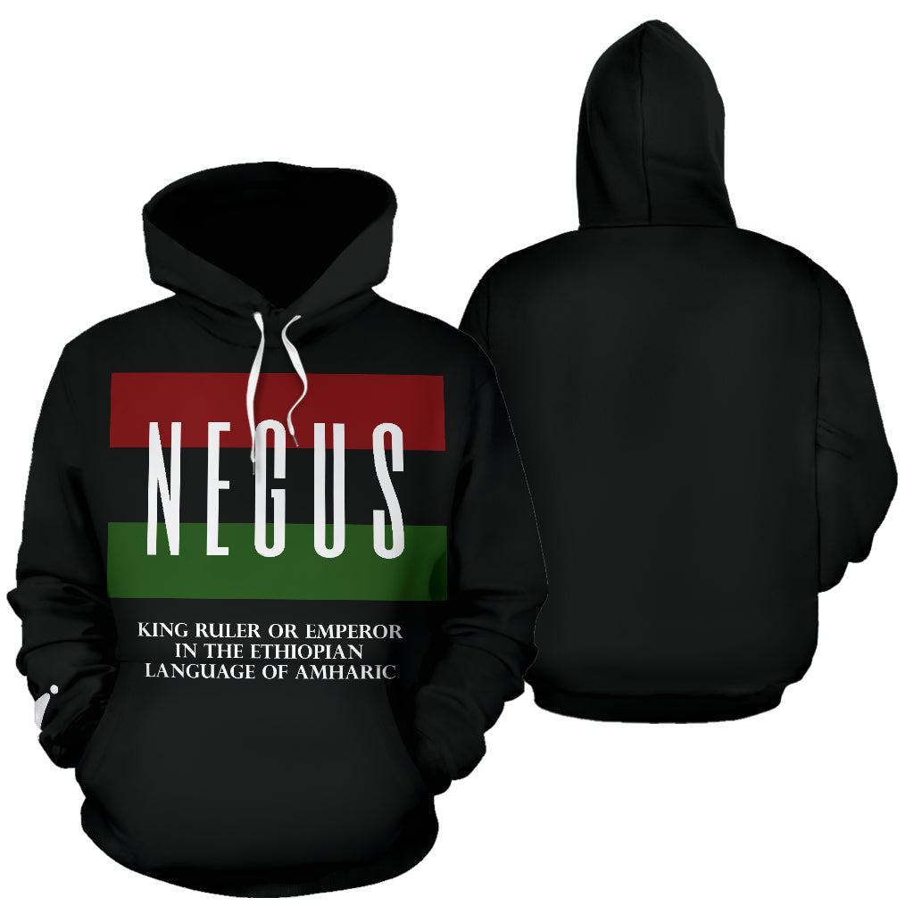 NEGUS Design Black Hoodie showing both front and back, highlighting full style from Black-Owned streetwear brand.