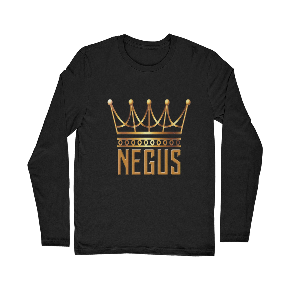 Black NEGUS King Long Sleeve T-Shirt with gold crown and text design – Black-Owned fashion symbolizing royalty and pride.