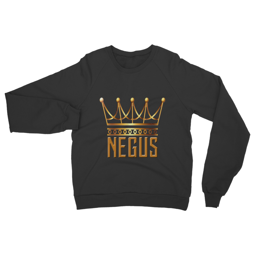 Black crew neck sweatshirt with a gold crown design and the text 'NEGUS' below the crown.