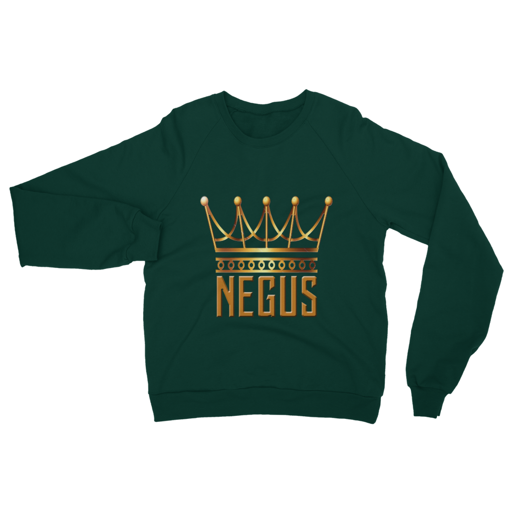 Front view of NEGUS King Sweatshirt in green – Black-Owned brand, 80% ringspun cotton and 20% polyester, crew neck, ribbed collar, and clean stitching for everyday comfort and style.