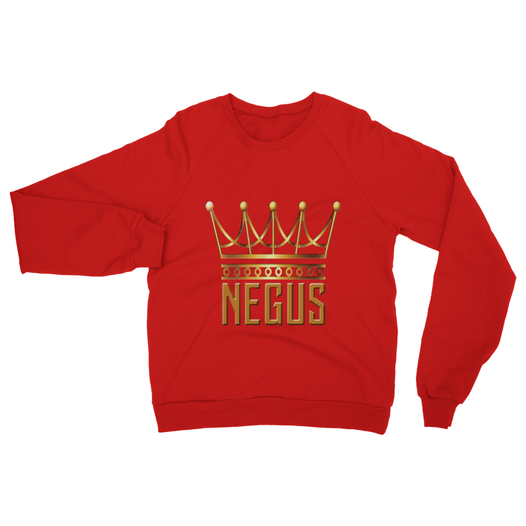 Front view of NEGUS King Sweatshirt in red – Black-Owned brand, 80% ringspun cotton and 20% polyester, crew neck, ribbed collar, and clean stitching for everyday comfort and style.
