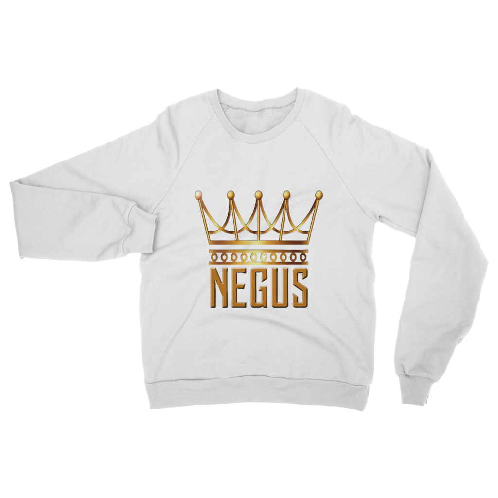 Front view of NEGUS King Sweatshirt in white – Black-Owned brand, 80% ringspun cotton and 20% polyester, crew neck, ribbed collar, and clean stitching for everyday comfort and style.