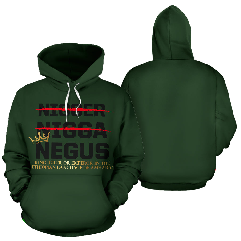 Front and back views of the NEGUS Text Design Green Hoodie 2 by a Black-Owned brand. Featuring bold NEGUS lettering on the front and a clean design on the back, this custom-made green hoodie is crafted from premium polyester to honor Black leadership, heritage, and everyday pride.