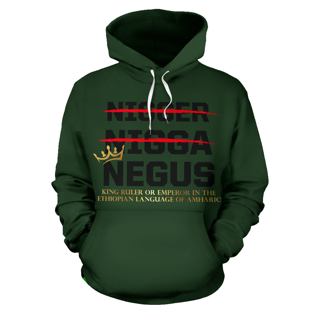 Front view of the NEGUS Green Hoodie 2 with bold text design, crafted by a Black-Owned brand using premium polyester.