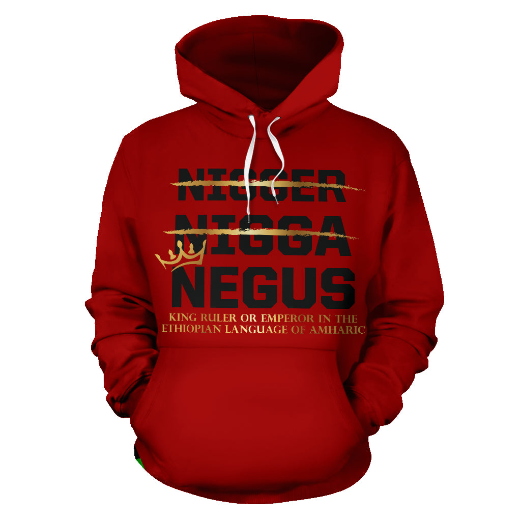 A red hoodie with 'KING BULLER OR EMPEROR IN THE ETHIOPIAN LANGUAGE OF AMBERIC' printed in black text on the front.